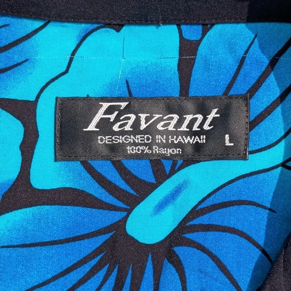 NWT Favant Rayon Hawaiian Hibiscus Button Up Shirt Never Worn Black Blu Sz L - Picture 7 of 11
